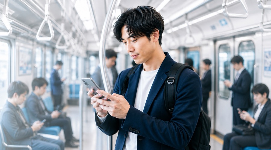通勤中にスマホで学習する受講生